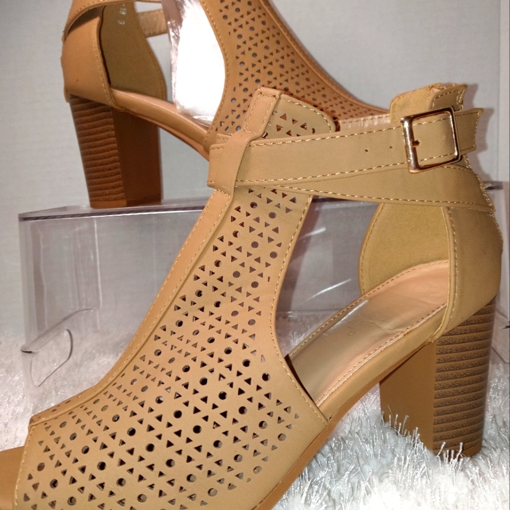 Top Moda Tan lazer cut ankle bootie with open toe
